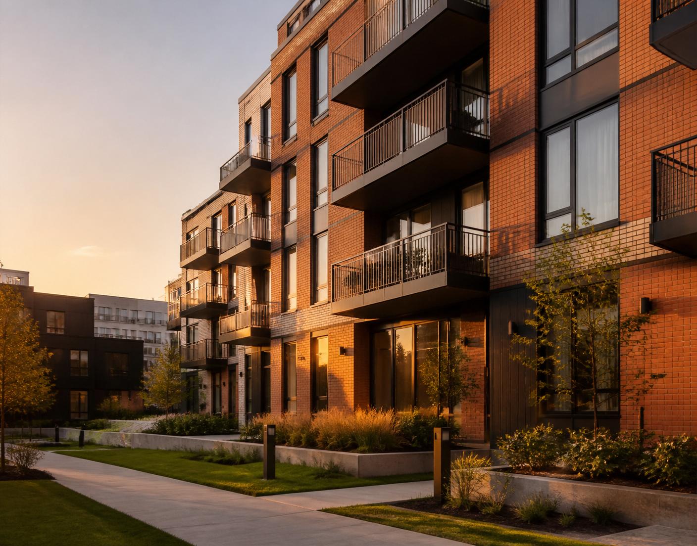 Exterior courtyard of a modern multifamily apartment community at golden hour